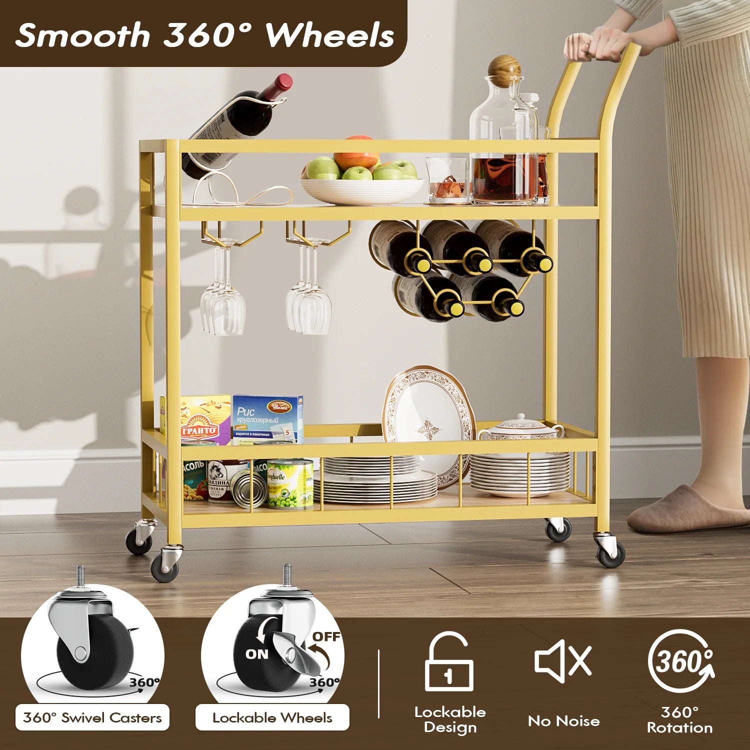 Vineego Bar Cart Home Industrial Mobile Bar Cart Serving Wine Cart on Wheels with Wine Rack and Glass Holder 2 Wood Storage Shelves for Living Room, Kitchen, Party (Gold)