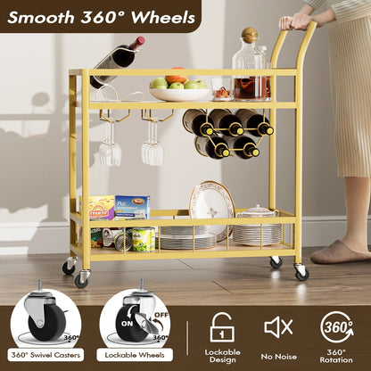 Vineego Bar Cart Home Industrial Mobile Bar Cart Serving Wine Cart on Wheels with Wine Rack and Glass Holder 2 Wood Storage Shelves for Living Room, Kitchen, Party (Gold)