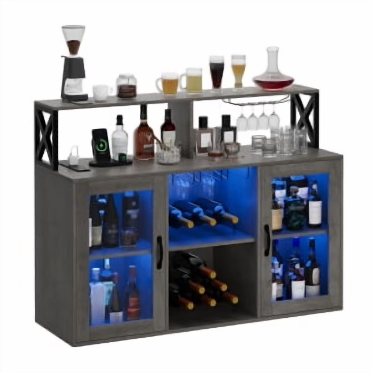 Historyli Wine Cabinet with LED Light,Bar Cabinet with Wine Rack,Glass Holder,and Power Outlets,for Living Room Office,Black