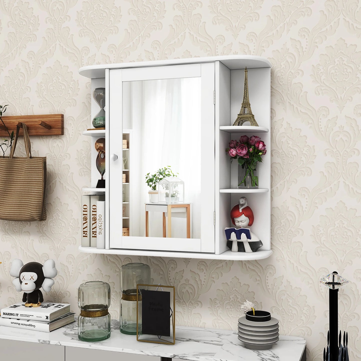Costway, White, Medium Density Fiberboard, Multipurpose Mount Wall Surface Cabinet Mirror Glass, 26.00 x 6.50 x 23.50 Inches