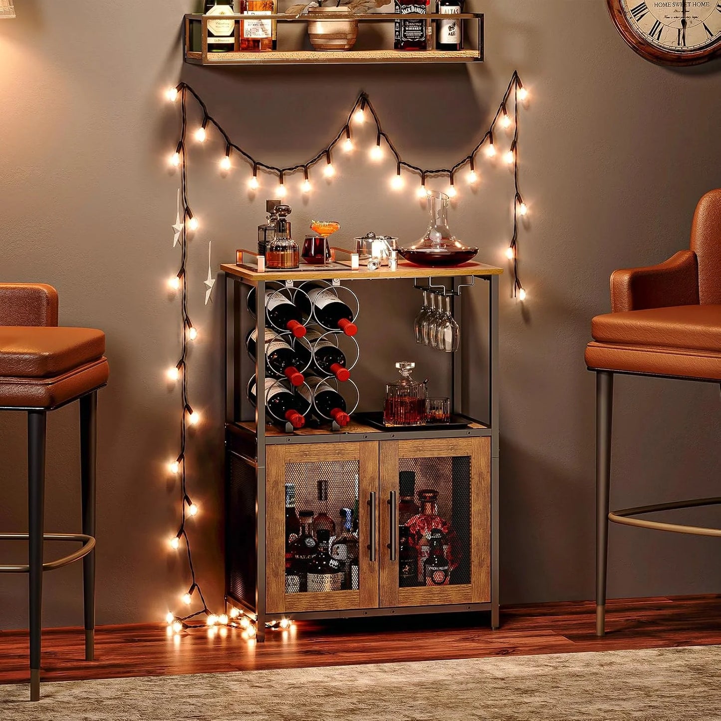 Bar Cabinet with Detachable Wine Rack, Liquor Stand for Home Bar, Mini Table with Glass Holder, Small Sideboard with Mesh Door, Storage Cabinet for Wine, Whiskey, Rustic Brown
