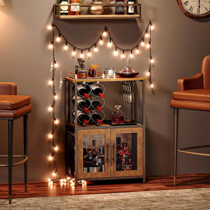 Bar Cabinet with Detachable Wine Rack, Liquor Stand for Home Bar, Mini Table with Glass Holder, Small Sideboard with Mesh Door, Storage Cabinet for Wine, Whiskey, Rustic Brown