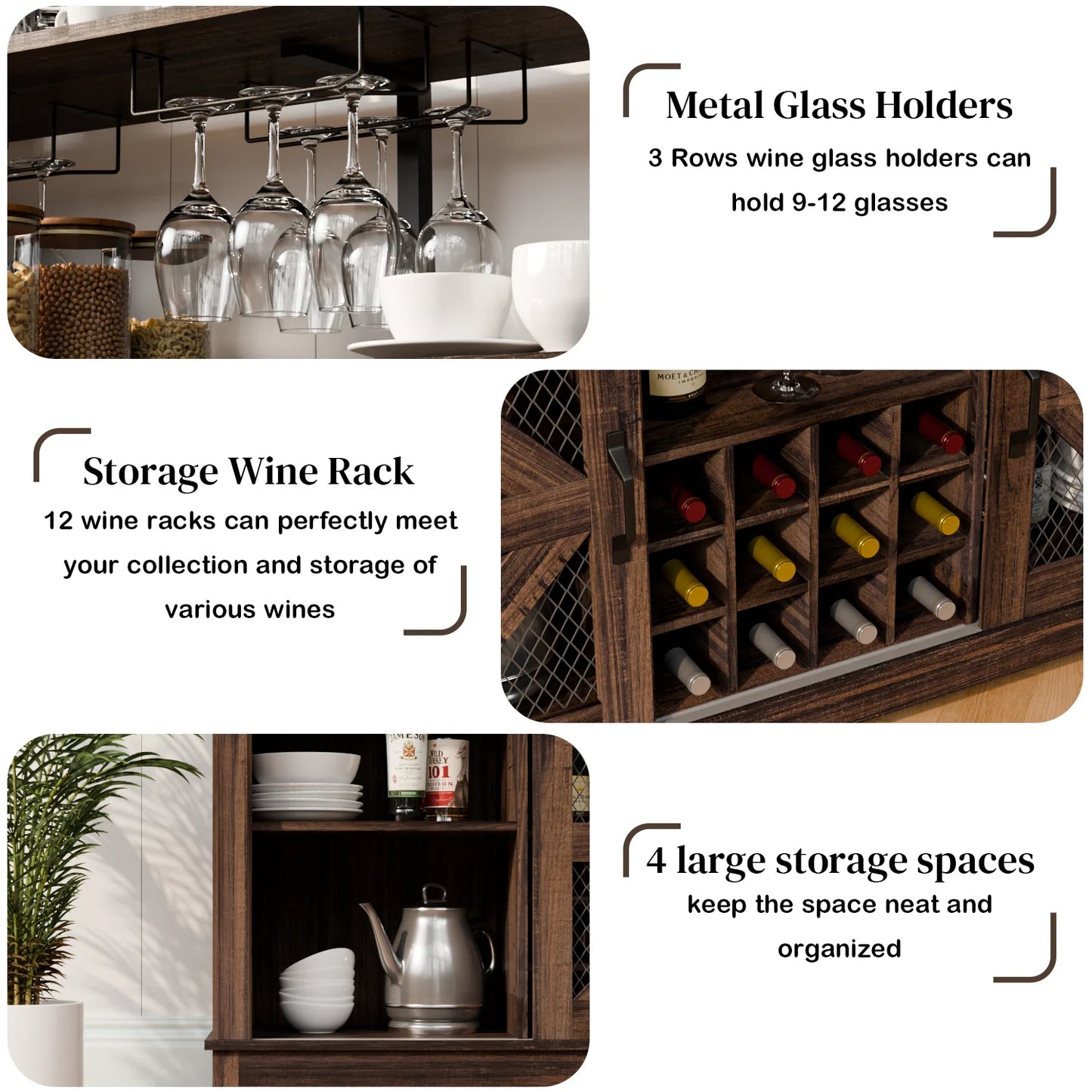Waleaf Farmhouse Coffee Bar Cabinet with LED Lights, 55" Wine Bar Buffet Cabinet w/Sliding Barn Door & Wine and Glass Rack for Dining Room