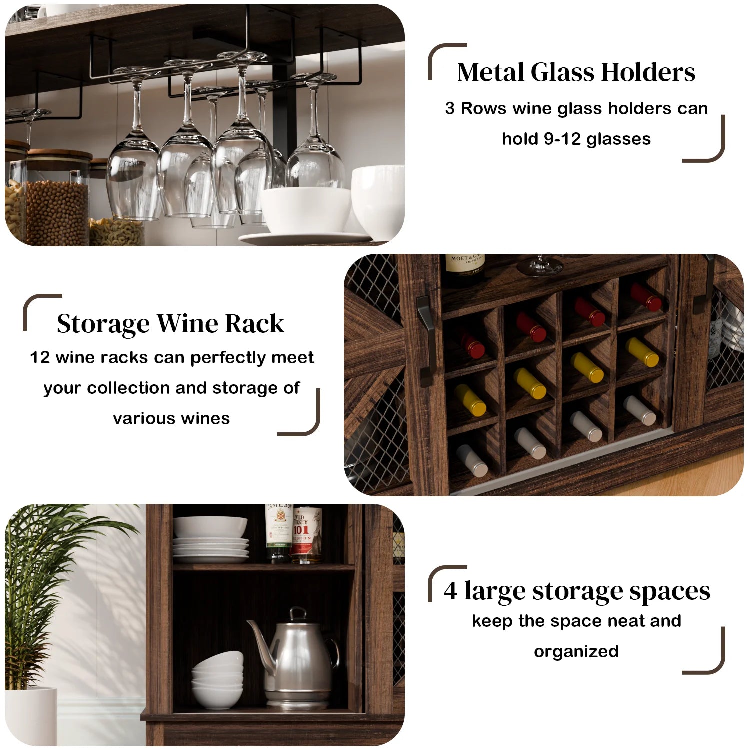 Waleaf Farmhouse Coffee Bar Cabinet with LED Lights, 55" Wine Bar Buffet Cabinet w/Sliding Barn Door & Wine and Glass Rack for Dining Room