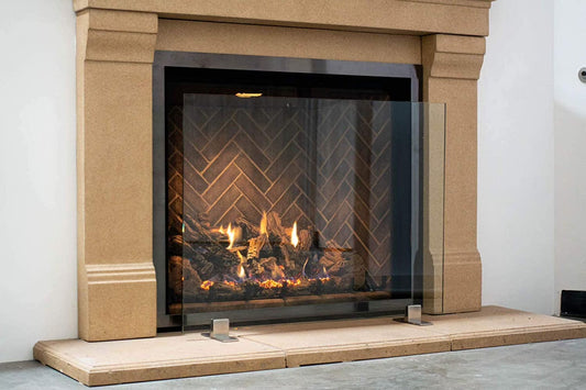 AMS Fireplace | Frameless Glass Fireplace Screen with Stainless Steel Feet | Small (36" x 26") - (Clear Glass, Stainless Steel Feet) - Made in USA