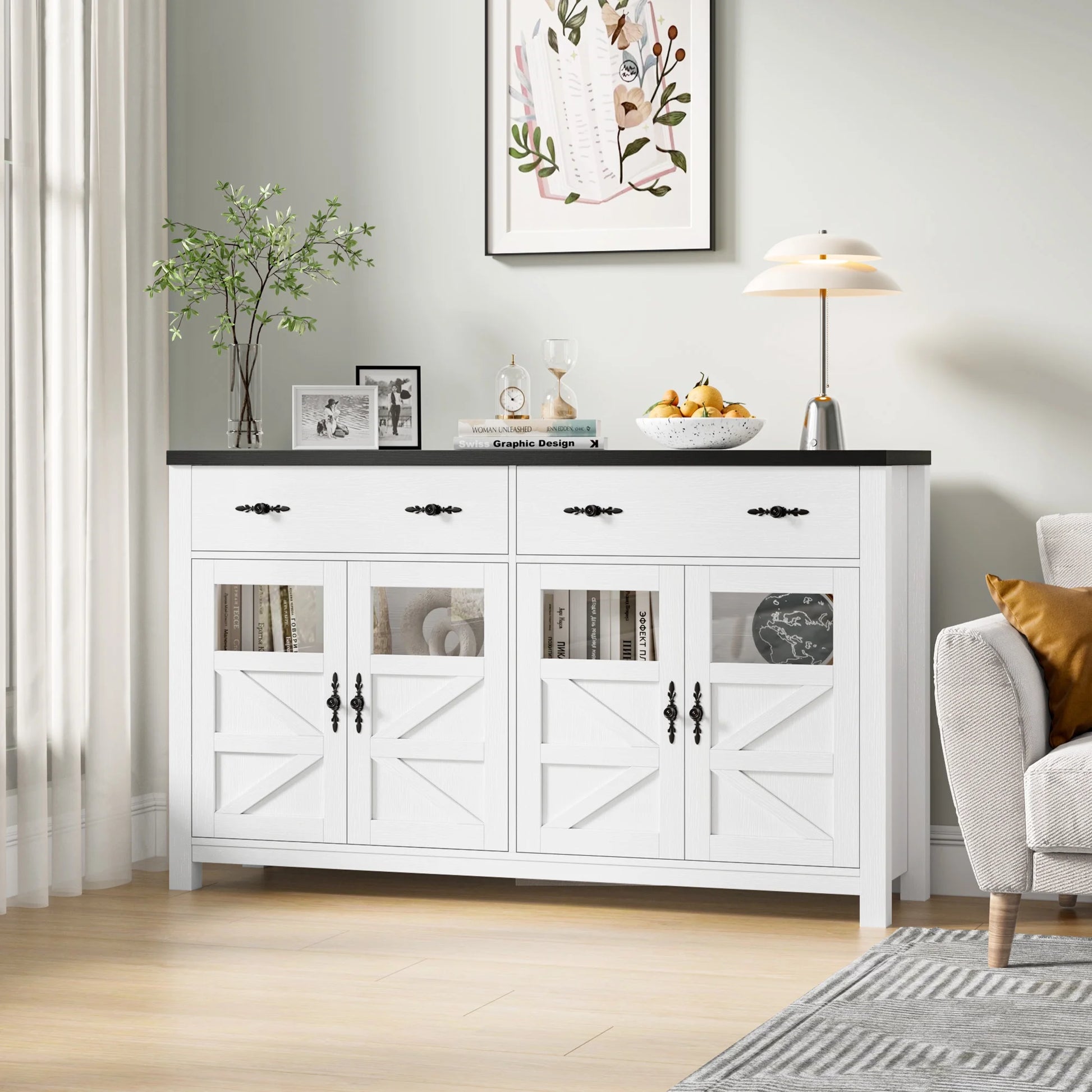 Homfa Farmhouse 55.1"WKitchen Buffet Cabinet with Storage Drawer & Adjustable Shelf, Glass Door Wood Sideboard Credenza Coffee Bar with for Dining Room Living Room, White & Black