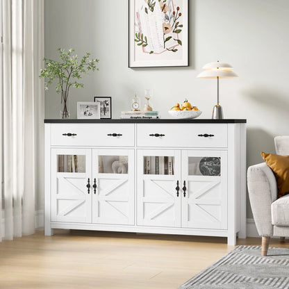 Homfa Farmhouse 55.1"WKitchen Buffet Cabinet with Storage Drawer & Adjustable Shelf, Glass Door Wood Sideboard Credenza Coffee Bar with for Dining Room Living Room, White & Black