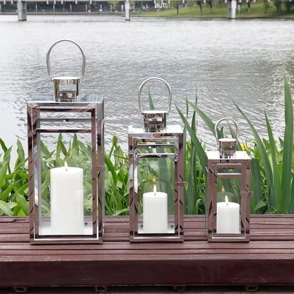 Stainless Steel Lantern Set of 3 12/15/19" Metal Lanterns with Tempered Glass for Parties & Events (Silver )