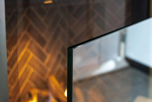AMS Fireplace | Frameless Glass Fireplace Screen with Stainless Steel Feet | Small (36" x 26") - (Clear Glass, Stainless Steel Feet) - Made in USA