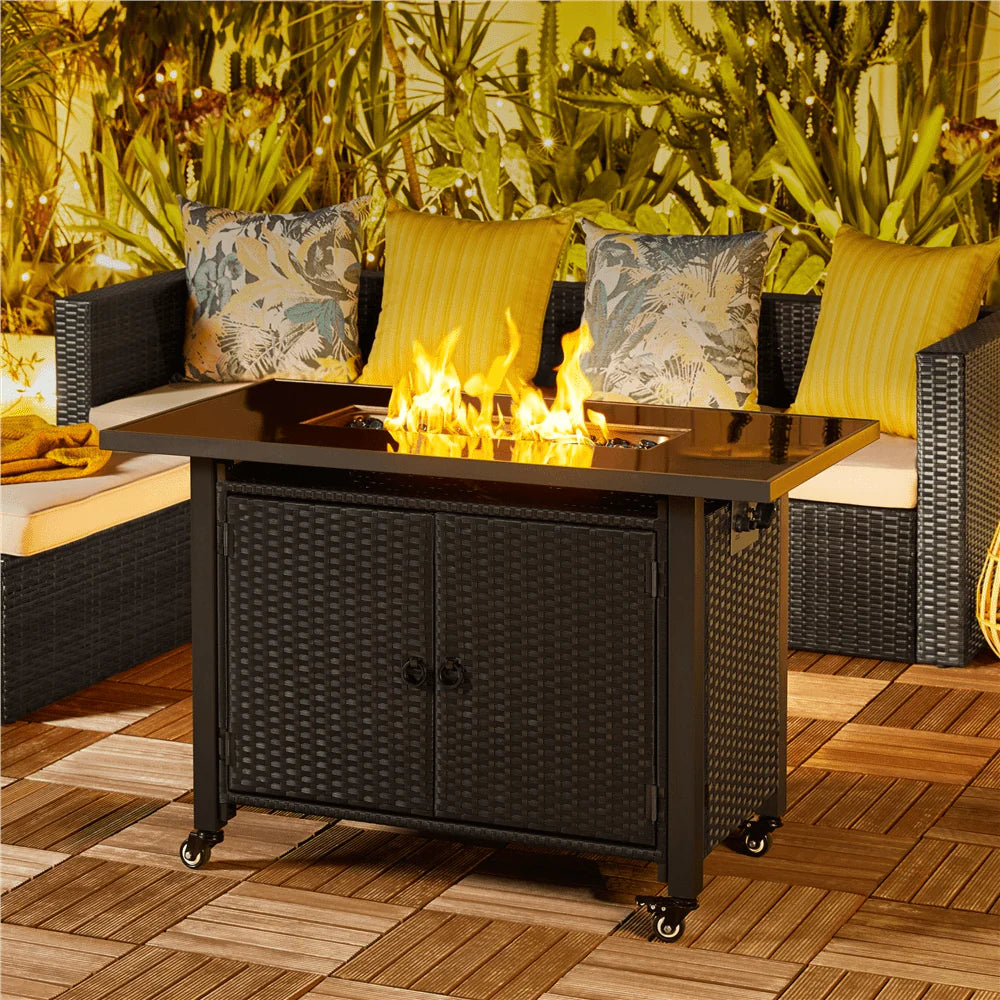 Topeakmart 43" Propane Firepit Table 50,000 BTU Glass Top Gas Fire Pit with Interchangeable Wheels & Feet, Black