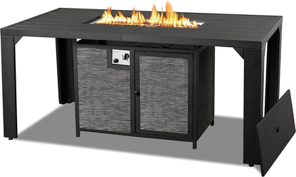 PIZZELLO Outdoor Rectangular Patio Fire Dining Table 62.5" for 6 with Fire Glass Bead, Black