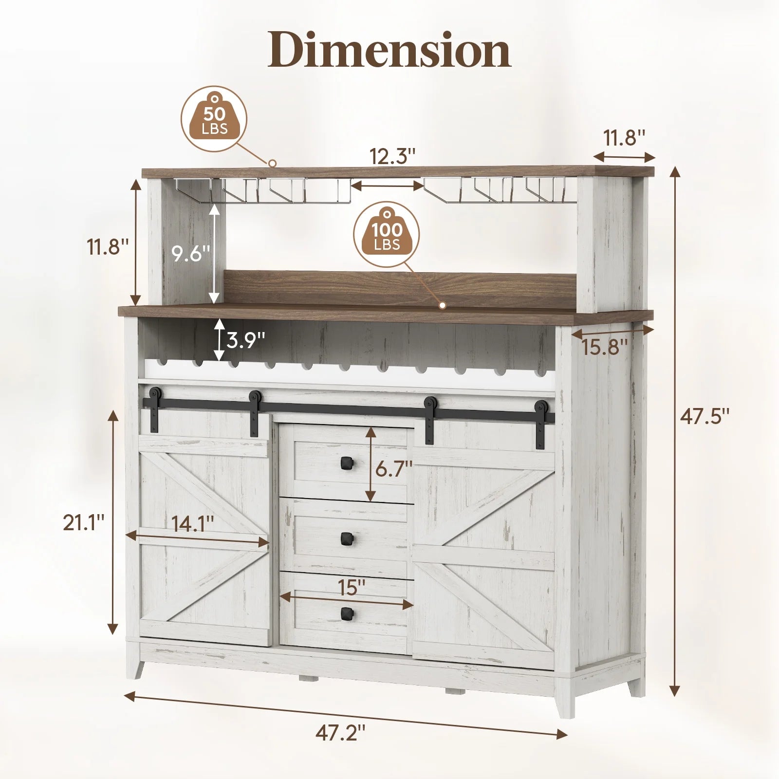 Lifewit Farmhouse Wine Bar Cabinet with Sliding Bar Door and Led Lights, Sideboard with 2 Layers Tabletops, Wine and Glass Racks, 2 Storage Cabinets with Adjustable Shelf, 3 Drawers, Rustic White