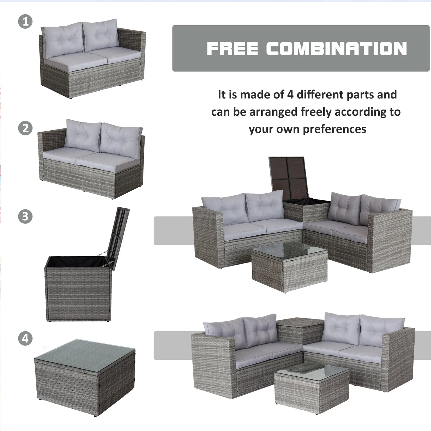 SEGMART Patio Furniture Sets, 4 Piece Patio Furniture Sets with Loveseat Sofa, Storage Box, Tempered Glass Coffee Table, All-Weather Patio Sectional Sofa Set with Cushions for Backyard Garden Pool