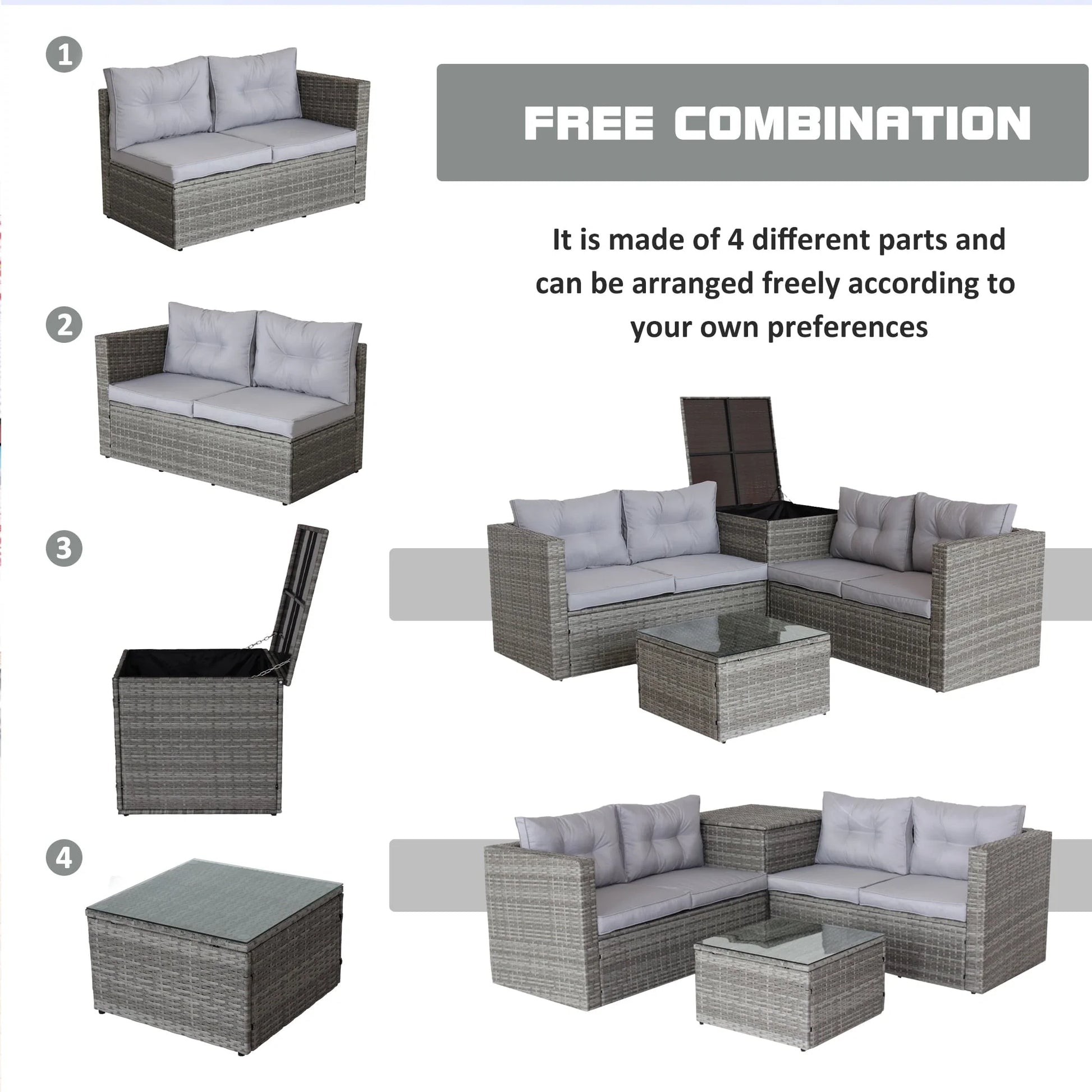 SEGMART Patio Furniture Sets, 4 Piece Patio Furniture Sets with Loveseat Sofa, Storage Box, Tempered Glass Coffee Table, All-Weather Patio Sectional Sofa Set with Cushions for Backyard Garden Pool