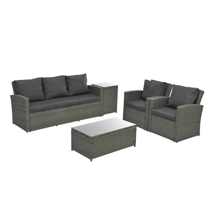 HighSound 5 Pcs PE Rattan Wicker Patio Sofa Set Outdoor Sectional Furniture Set with Tempered Glass Table