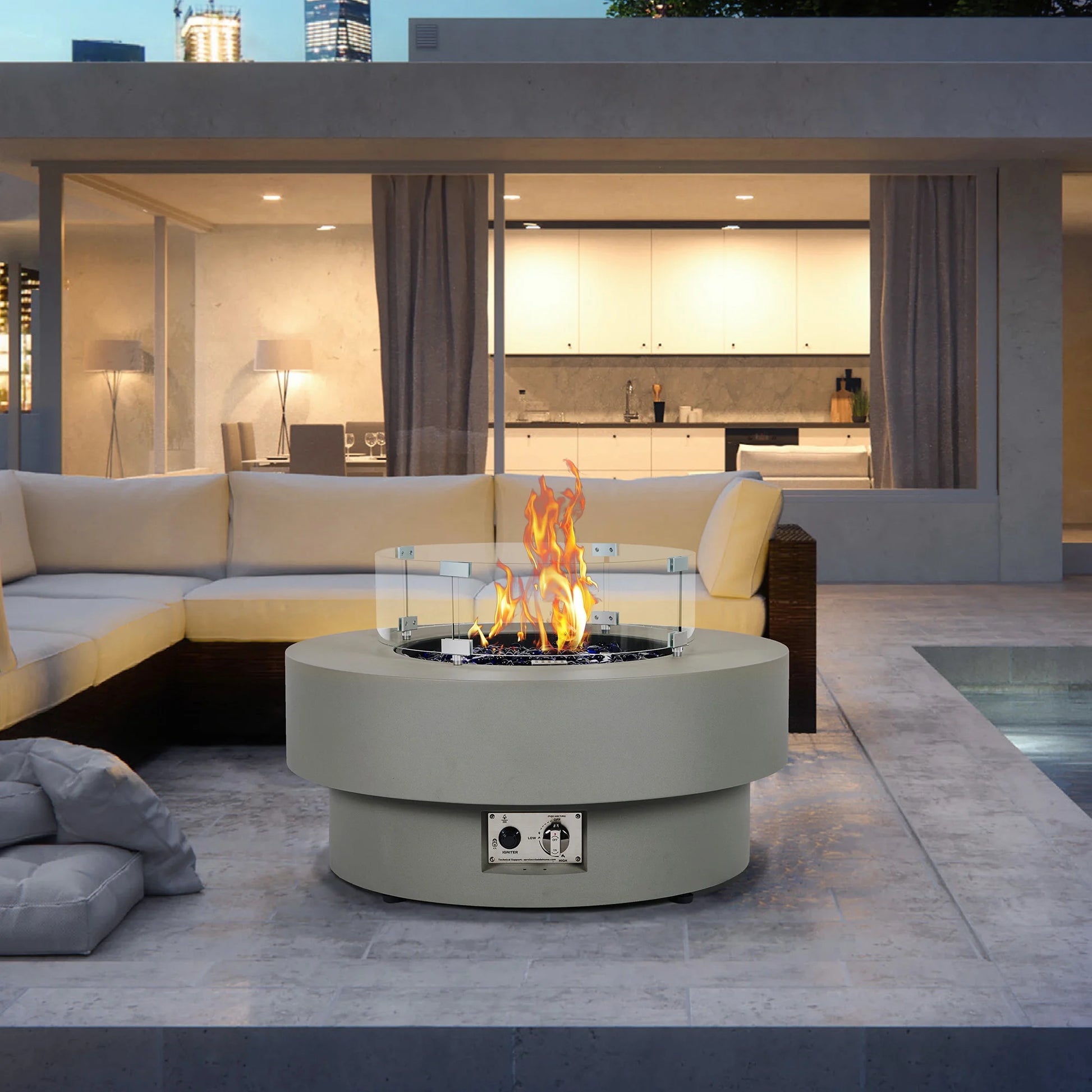BAIDE HOME 32.5" Square Steel Low Profile Gas Fire Pit Table, 50,000 BTU Outdoor Propane Fire Pit with Lid, Glass Rocks, Cover, Pre-attached 10ft Propane Hose