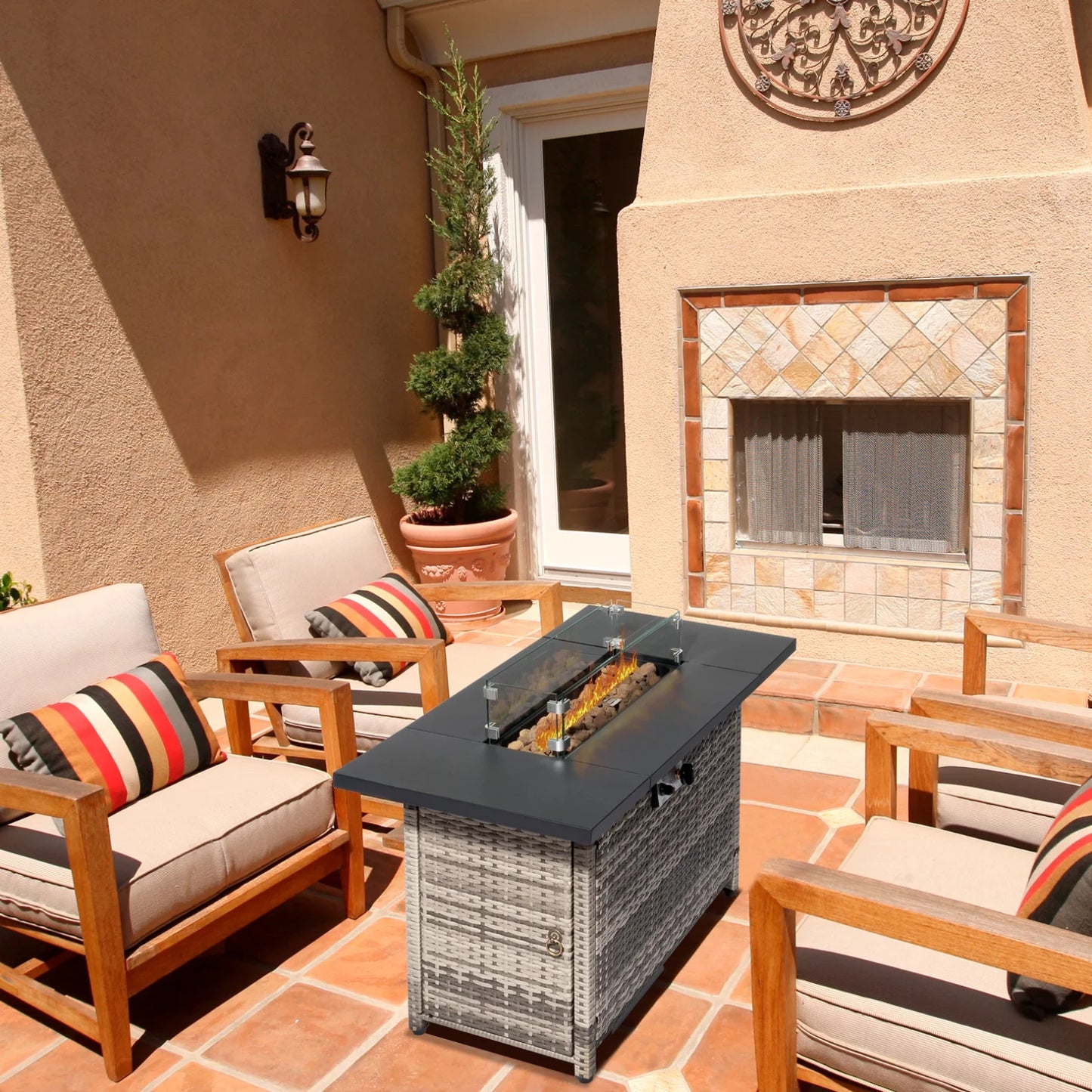 43 in Propane Fire Pit Table, 50,000 BTU Auto-Ignition Fire Pit Table, Gas Fire Pits for Outside with Glass Stone and Waterproof Cover, Grey Rattan, CSA Certification for Garden/Patio/Backyard