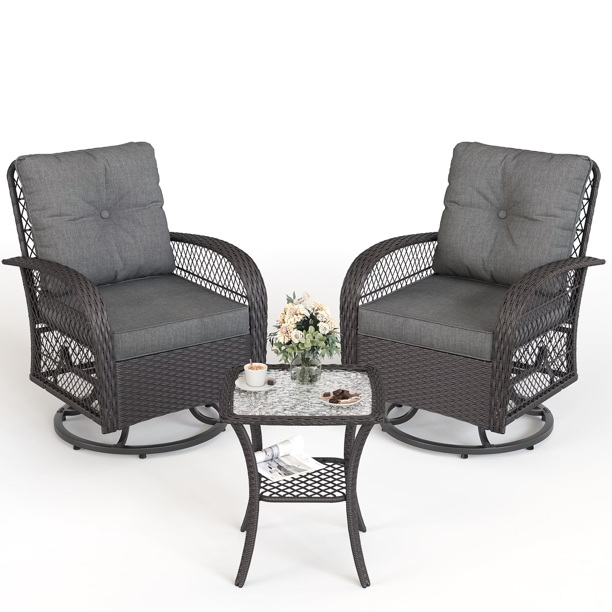 MRUAKA 3 Pieces Patio Furniture Set, Outdoor Swivel Gliders Rocker, Wicker Patio Bistro Set with Rattan Rocking Chair, Glass Top Side Table and Thickened Cushions (Khaki)