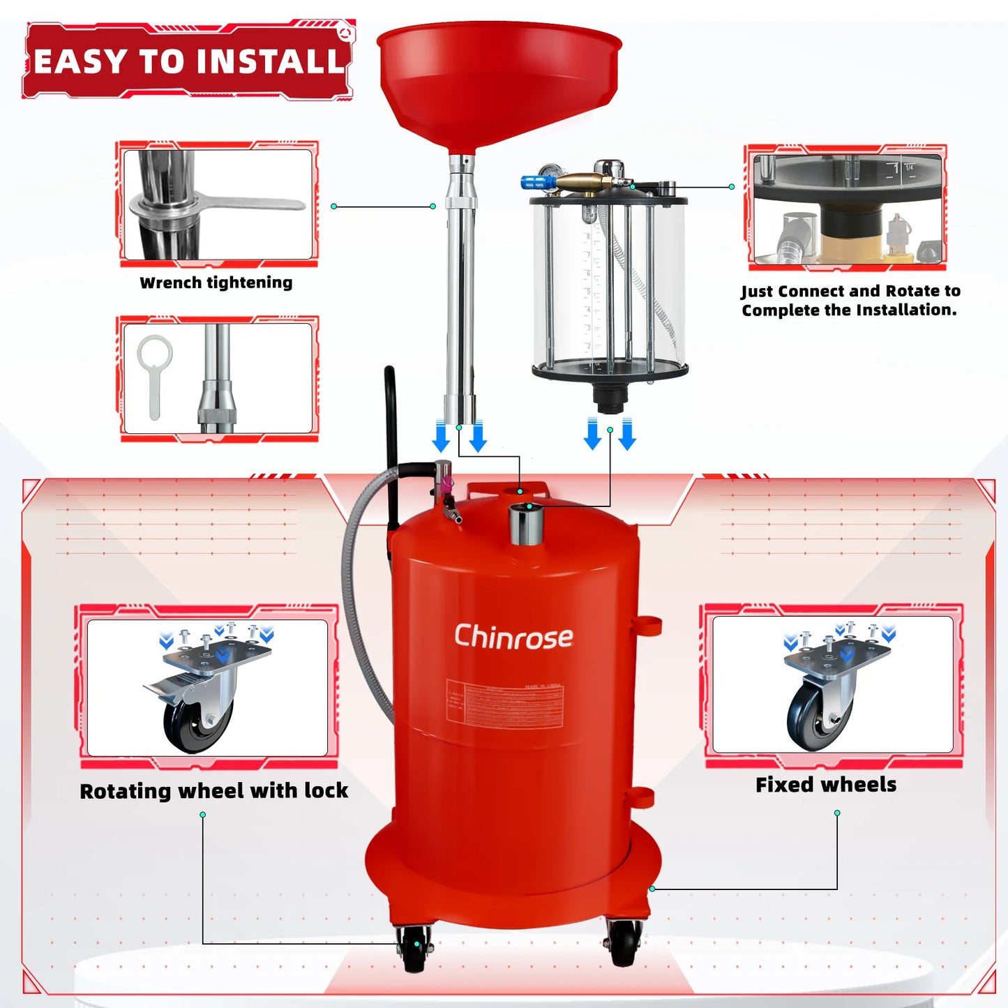 2024 Upgraded Design Pneumatic Oil Drainer & Extractor | Waste Oil Drain Tank | High-Quality Tempered Glass Measuring Cup