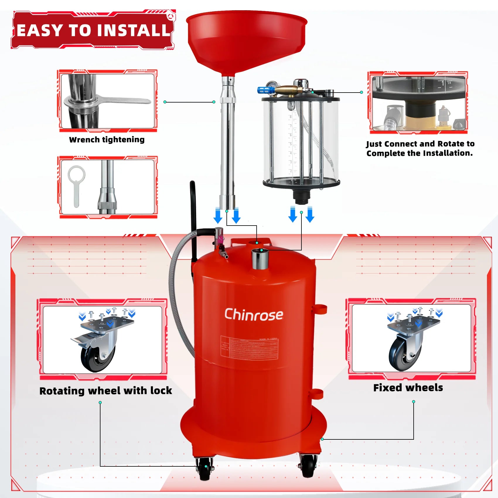 2024 Upgraded Design Pneumatic Oil Drainer & Extractor | Waste Oil Drain Tank | High-Quality Tempered Glass Measuring Cup
