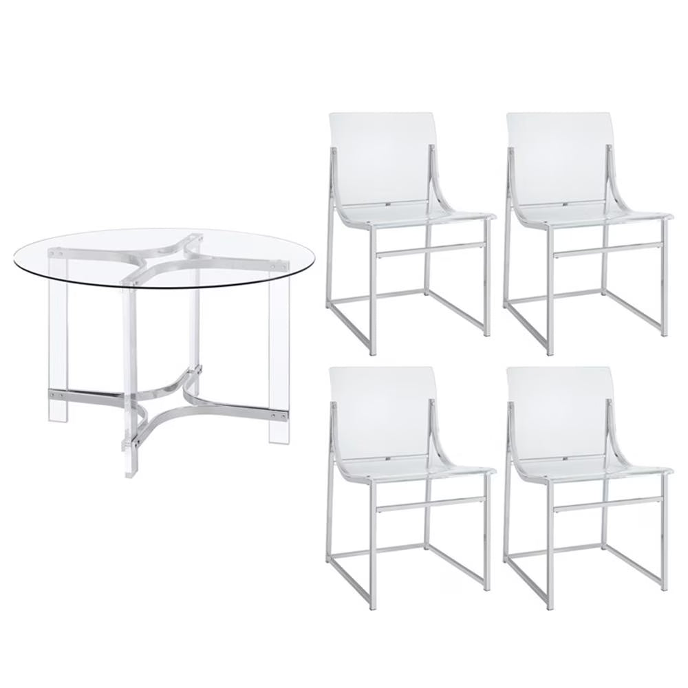 Pemberly Row 5-Piece Round Glass Top Acrylic Dining Set in Silver