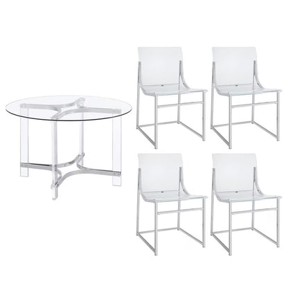 Pemberly Row 5-Piece Round Glass Top Acrylic Dining Set in Silver