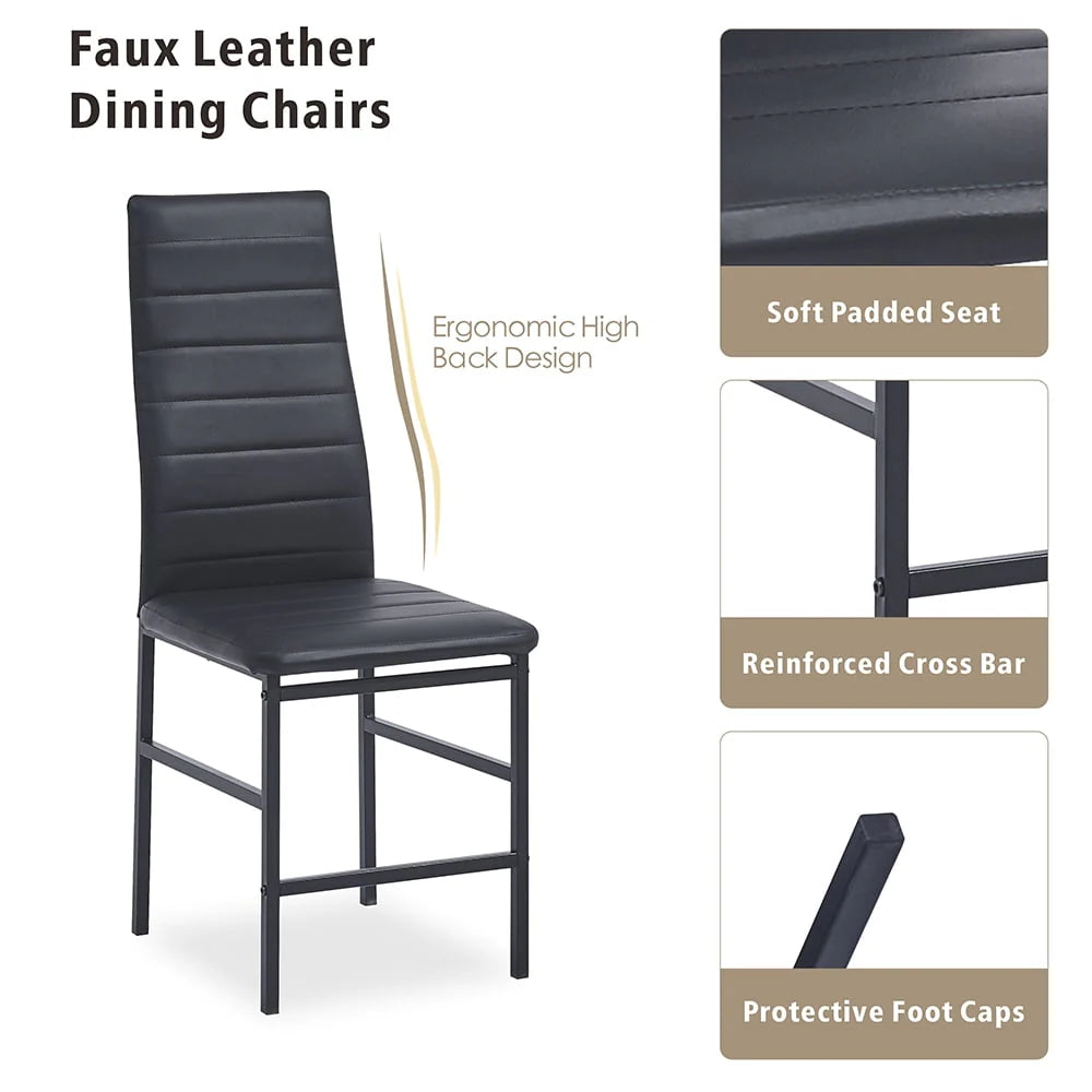 Dining Table Set for 4, 5 Piece Kitchen Table and Chairs with Black Tempered Glass Table Top and 4 Black Faux Leather Metal Frame Chairs,47.2" x 27.5" x 29.5"