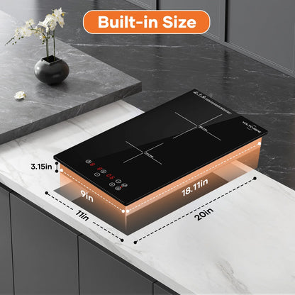 VoltCuisine Double/Dual Induction Cooktop 2 Burner, Shatter-proof Flat Glass Top, 9 Heat Settings, LED Touch Display with Child Safety Lock & Overheat Protection