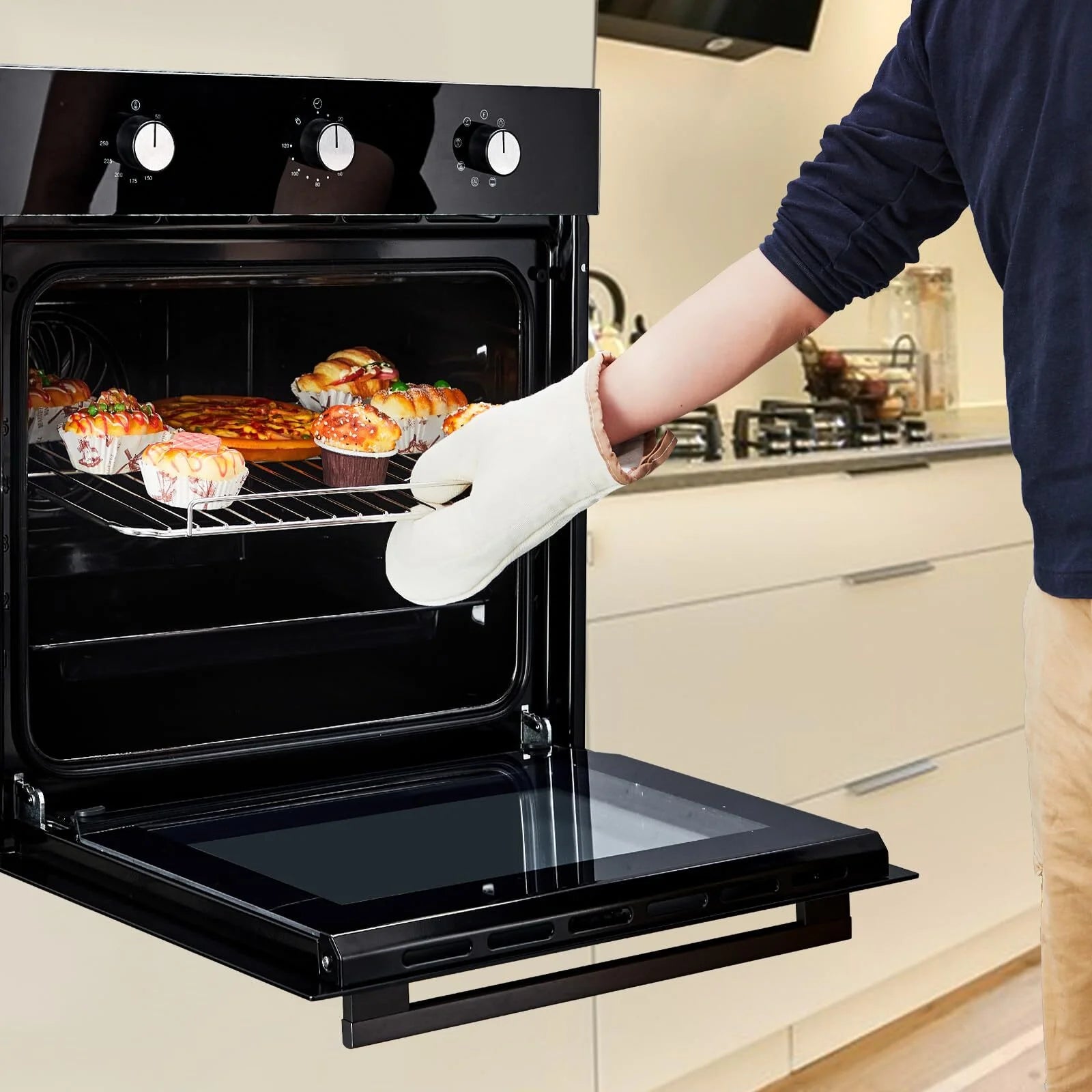 RIEDHOFF 24°?Single Wall Oven, 2.5 Cu.Ft Built-in Electric Single Wall Ovens with Mechanical Knobs, Double-Layered Glass Door, 5 Cooking Functions, 3000W 240V Ideal for Kitchen Oven