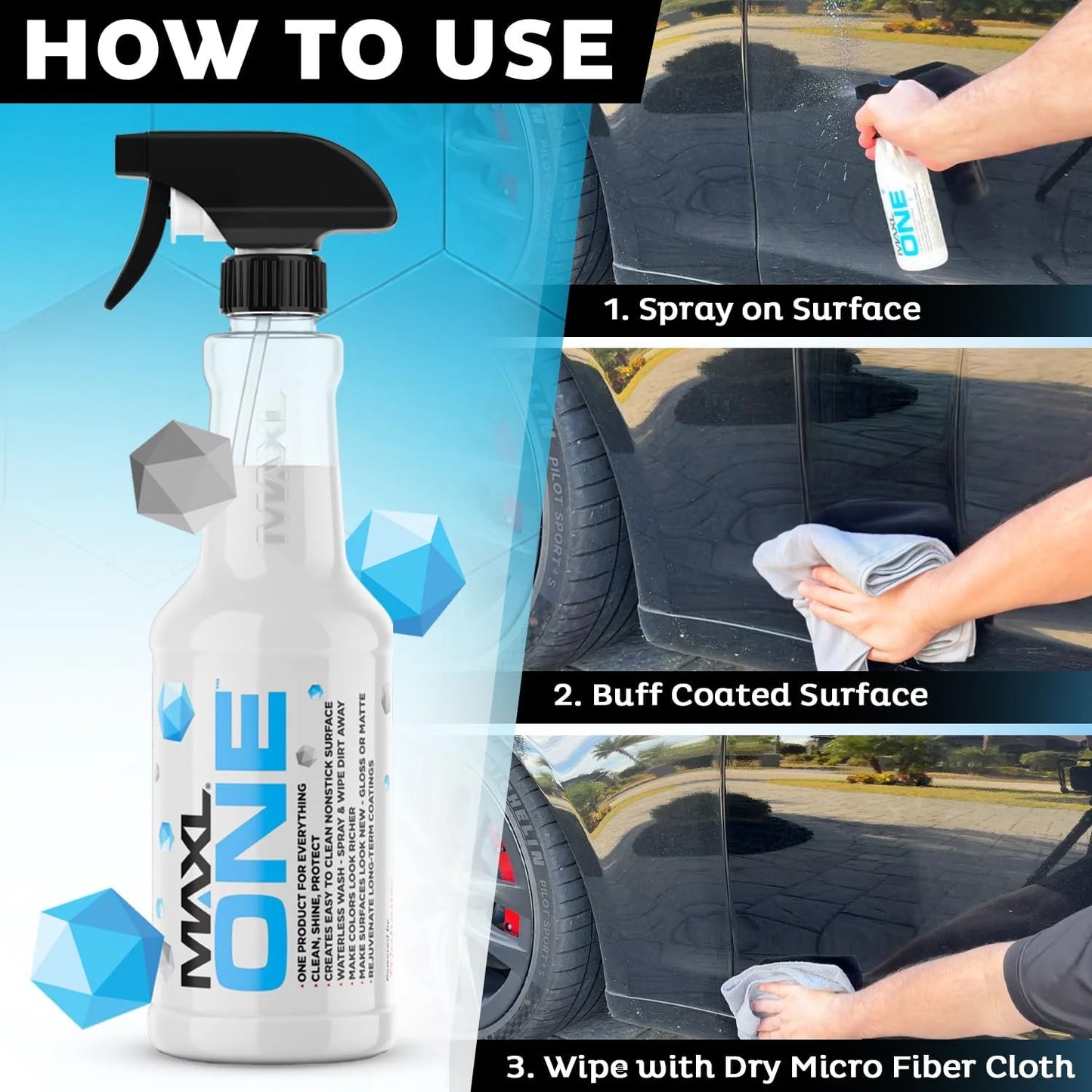 MAXLONE 20oz Car Spray with Triphene, Quick Spray & Wipe All Purpose Waterless Detailer, Better Than Any Car Detailing Kit - Clean, Shine, Protect Paint, Glass, Wheels, and Trim Without Pre-Washing