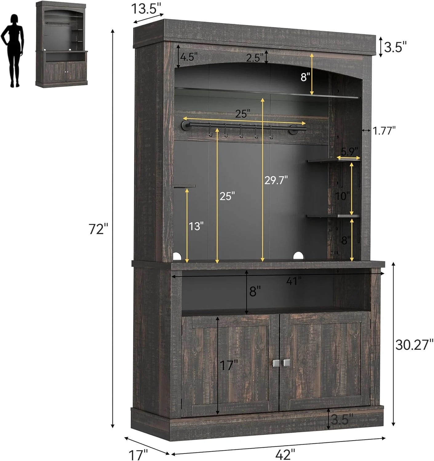 Homhougo Coffee Bar Cabinet with LED Lights, 72" Tall Buffet Cabinet with Storage, Farmhouse Kitchen Sideboard, Microwave Stand, Wine Rack, Glass Shelf, Kitchen & Dining Room Furniture, Dark Oak