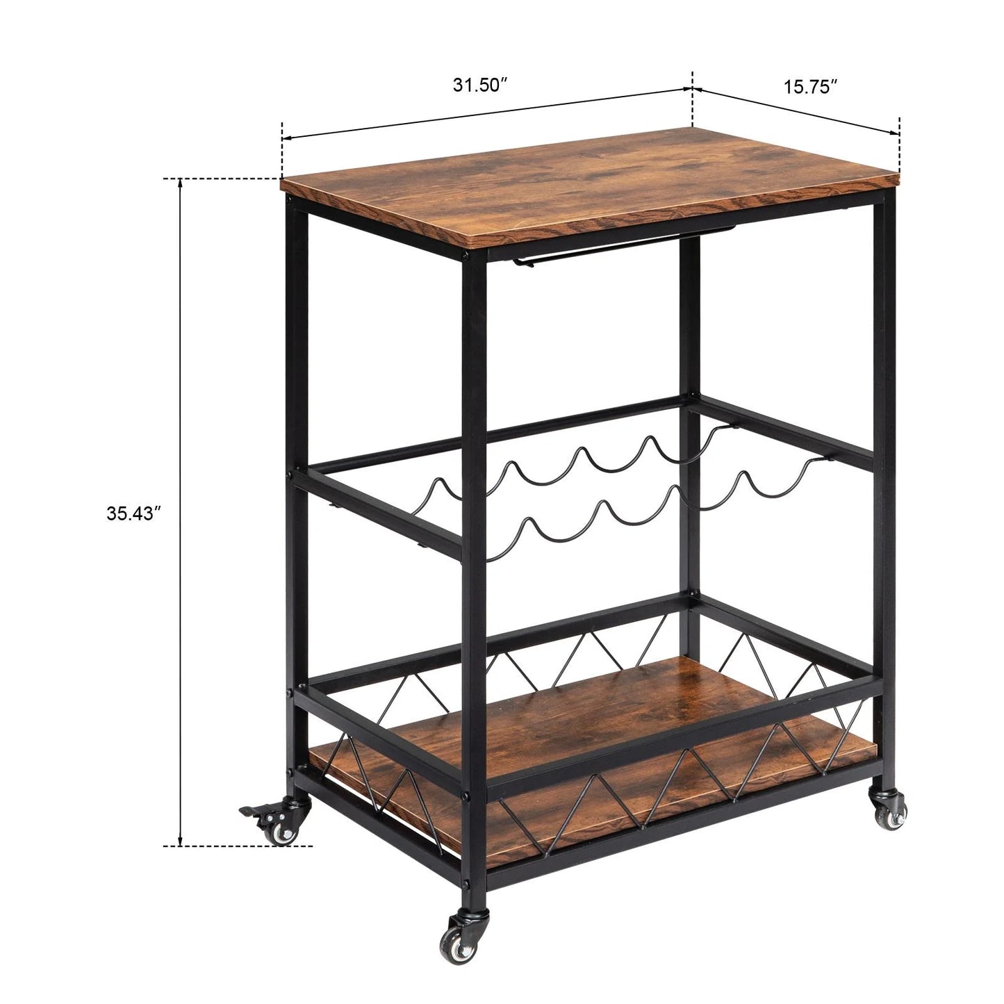 Ktaxon 3 Tier Kitchen Trolley Bar Carts for Home Bar Serving Cart w/Wine Rack & Glass Holder, Wheels, Vintage Brown