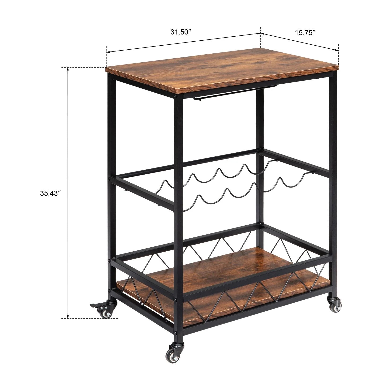 Ktaxon 3 Tier Kitchen Trolley Bar Carts for Home Bar Serving Cart w/Wine Rack & Glass Holder, Wheels, Vintage Brown