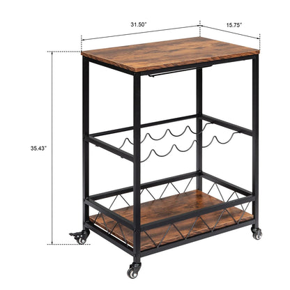 Ktaxon 3 Tier Kitchen Trolley Bar Carts for Home Bar Serving Cart w/Wine Rack & Glass Holder, Wheels, Vintage Brown