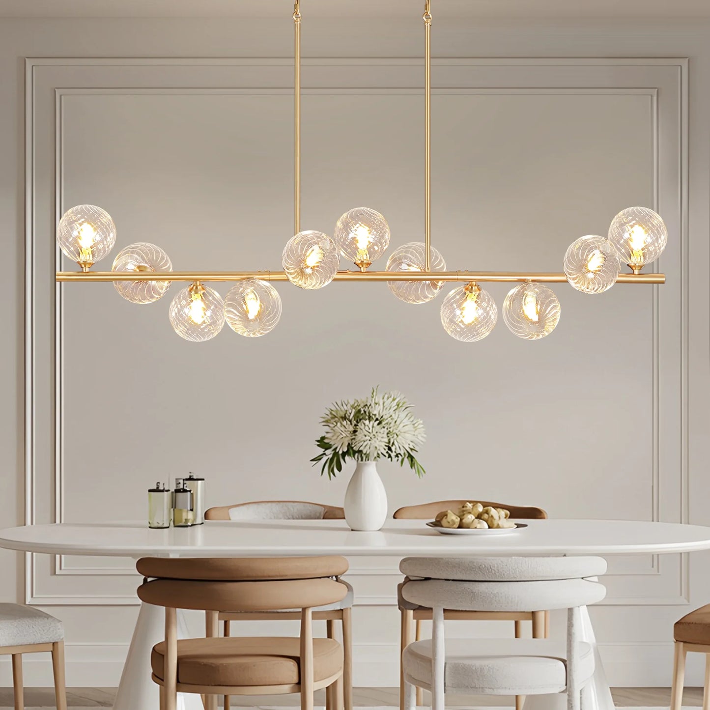Lzawvm Dining Room Light Fixture with Swirled Glass Globe Linear Chandelier for Dining Room 11-Lights Pendant Lights Kitchen Island for Living Room Sputnik Gold 51inch