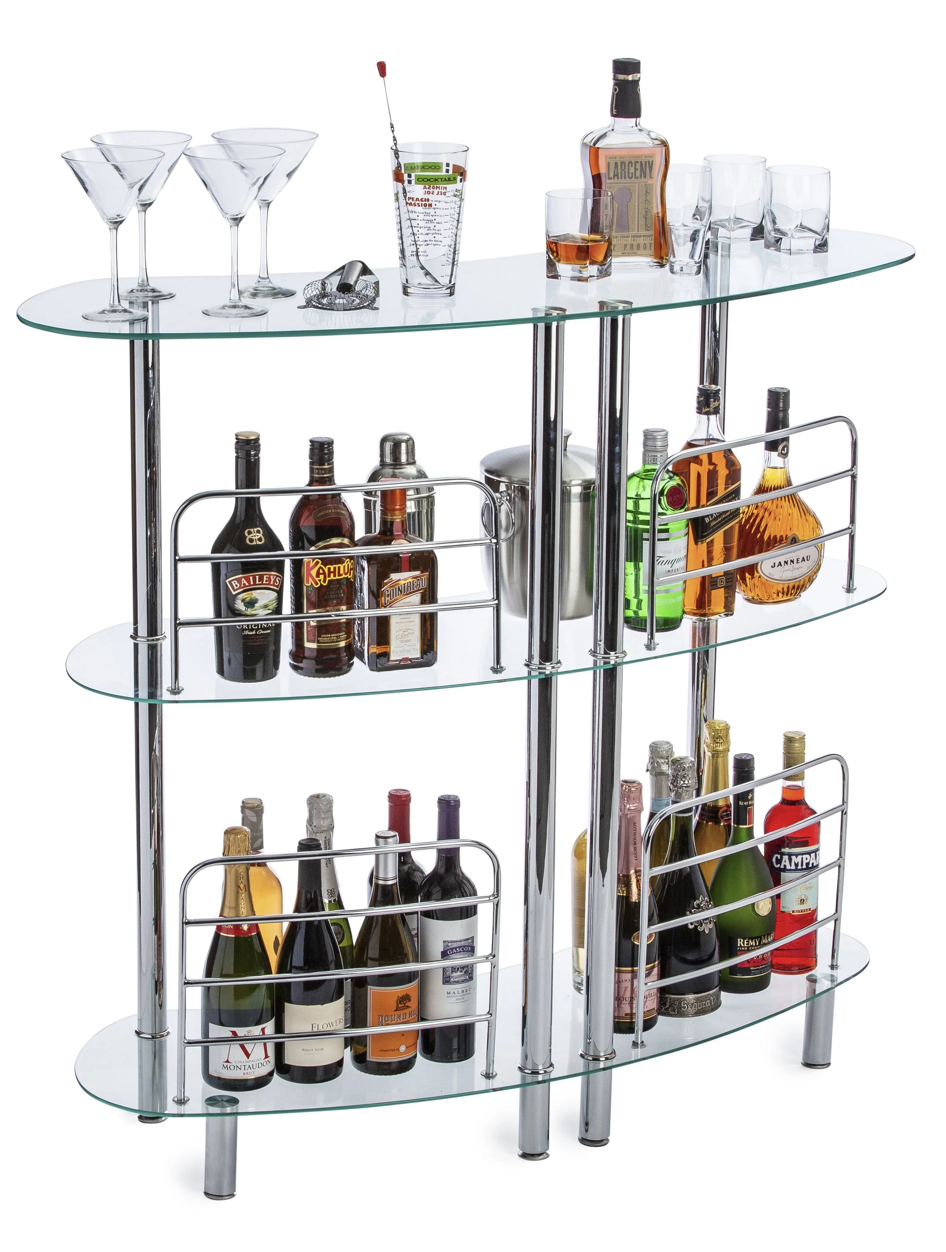 Mango Steam Contemporary Home Bar Liquor Table | Modern Clear Tempered Glass Shelves | 41" H x 47" L x 13.6" D