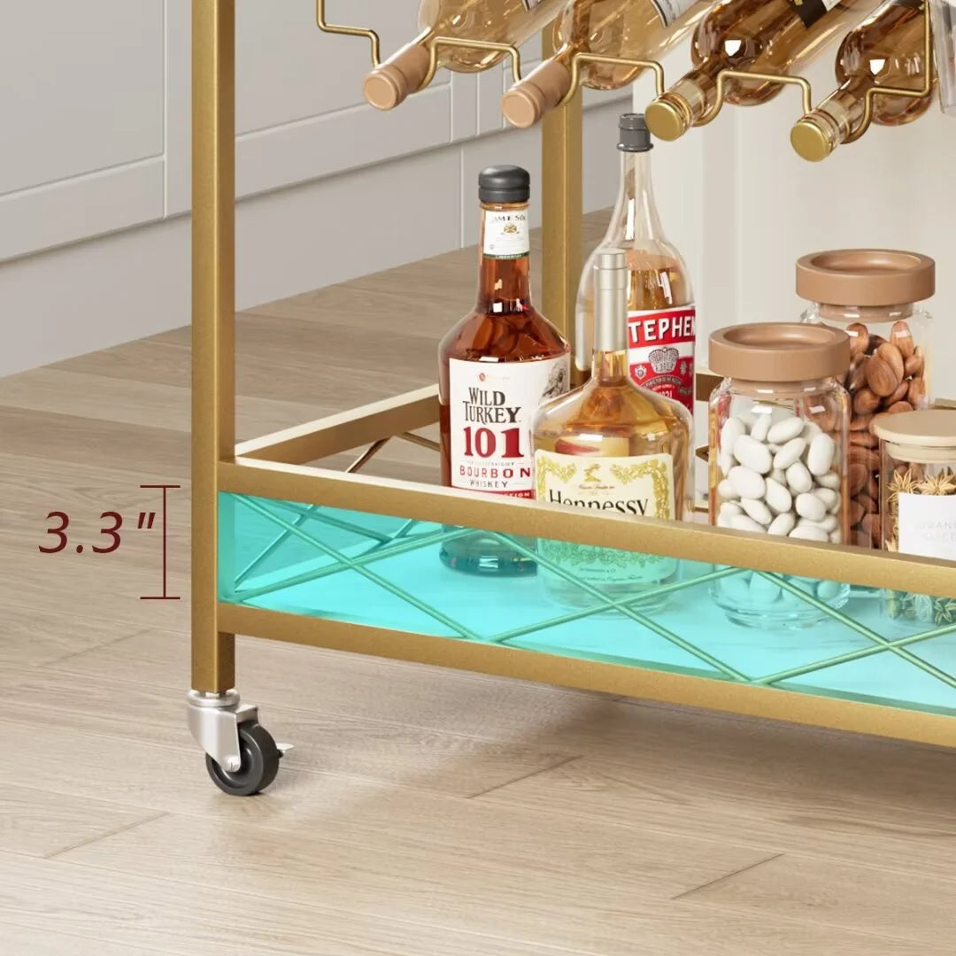 Gold Bar Cart for the Home, 2 Tier Bar Carts with Wheels & Wine Rack & Glass Holder for Living Room, Dining Room