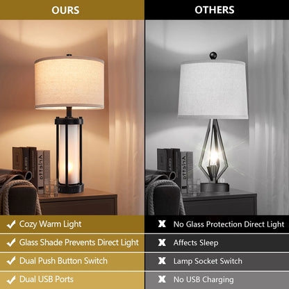 RORIA 24° F Modern Living Room Table Lamp 2-Piece Set with 2 USB Charging Ports, Built-in White Frosted Glass with Night Light, Black Vintage Rustic Farmhouse Lamp for Bedroom Nightstand Lamps