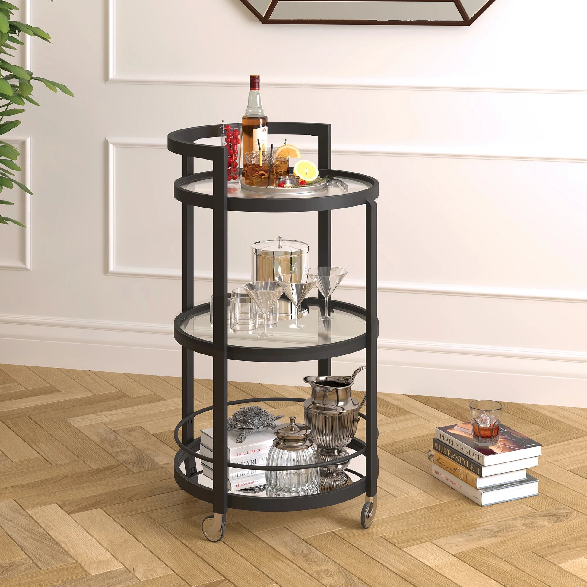 Evelyn& Zoe 21" Blackened Bronze Metal/Glass Bar Cart