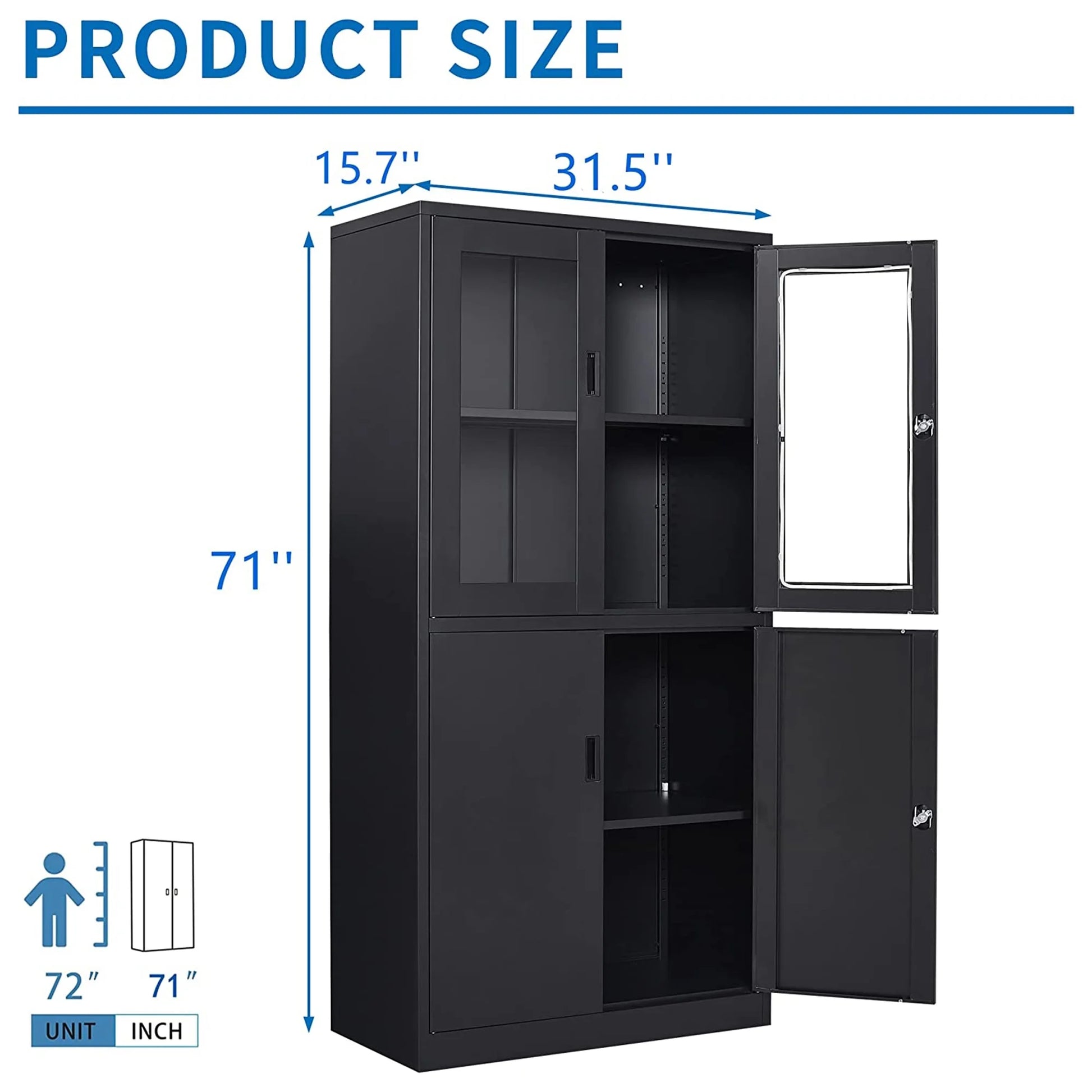 STANI Metal Cabinet with Lock, Tall Office Storage Cabinet with Glass Door, Lockable Black Steel Cabinet with 2 Adjustable Shelves for Home, Clinic, Pantry, Basement