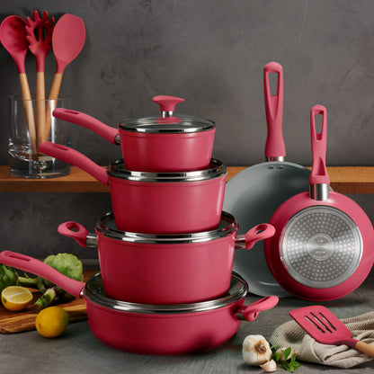 Tramontina Solara 14-Piece Aluminum Ceramic Nonstick Cookware Set with Utensils & Glass Lids, Induction-Ready, Oven & Dishwasher Safe - Red