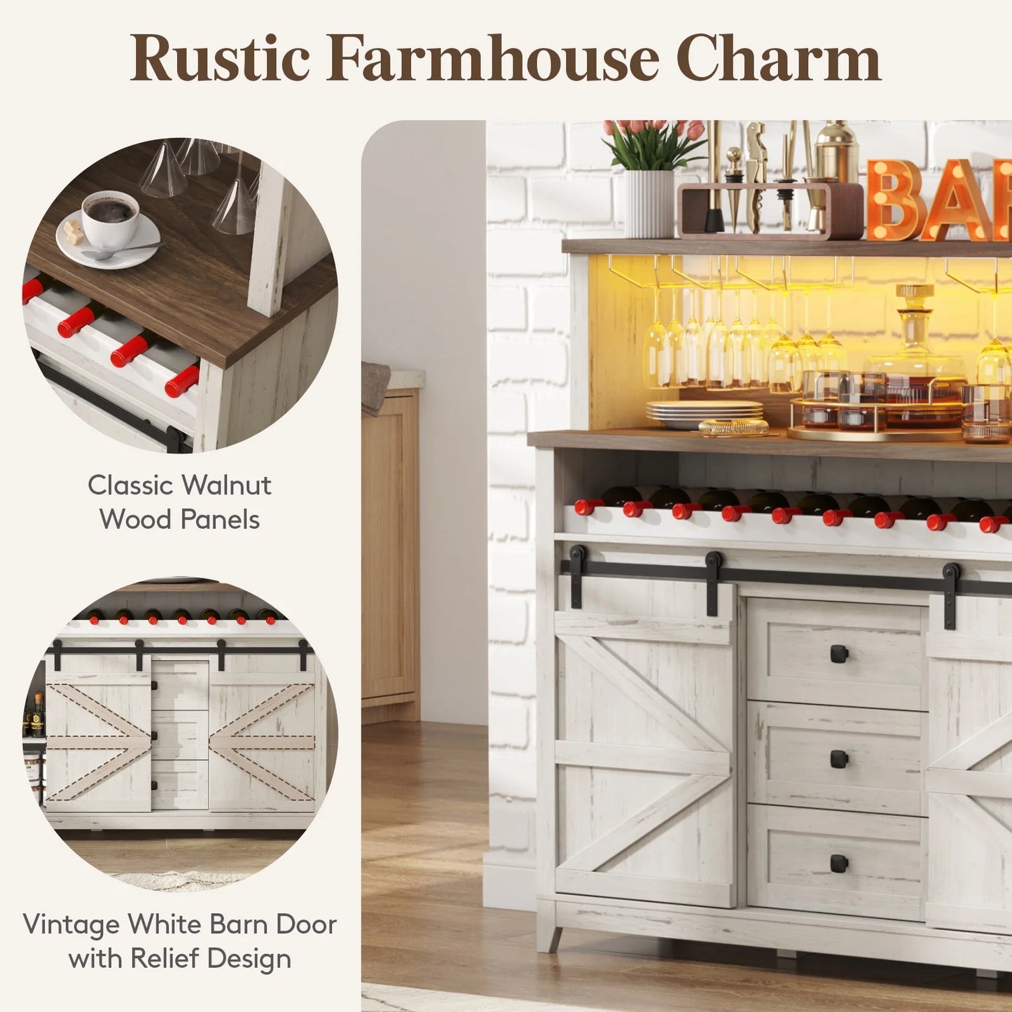 Lifewit Farmhouse Wine Bar Cabinet with Sliding Bar Door and Led Lights, Sideboard with 2 Layers Tabletops, Wine and Glass Racks, 2 Storage Cabinets with Adjustable Shelf, 3 Drawers, Rustic White