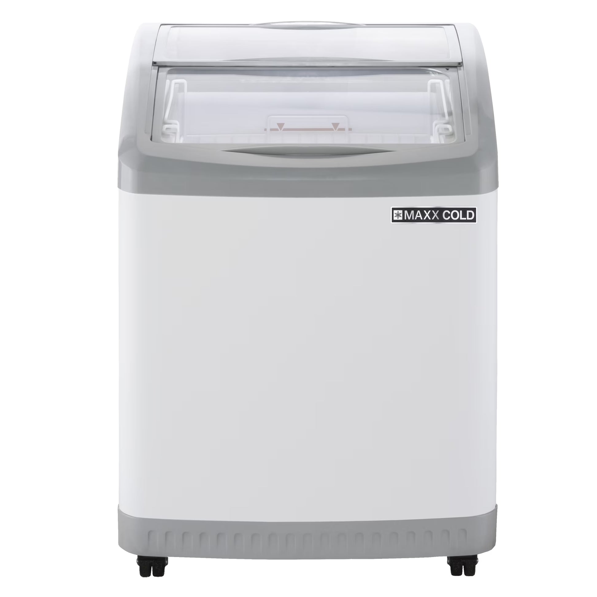 Maxx Cold Curved Glass Top Chest Freezer Display, 24.6"W, 3.81 cu. ft. Storage Capacity, Equipped with (2) Wire Baskets, in White (MXF25CHC-2)