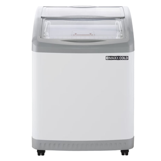 Maxx Cold Curved Glass Top Chest Freezer Display, 24.6"W, 3.81 cu. ft. Storage Capacity, Equipped with (2) Wire Baskets, in White (MXF25CHC-2)