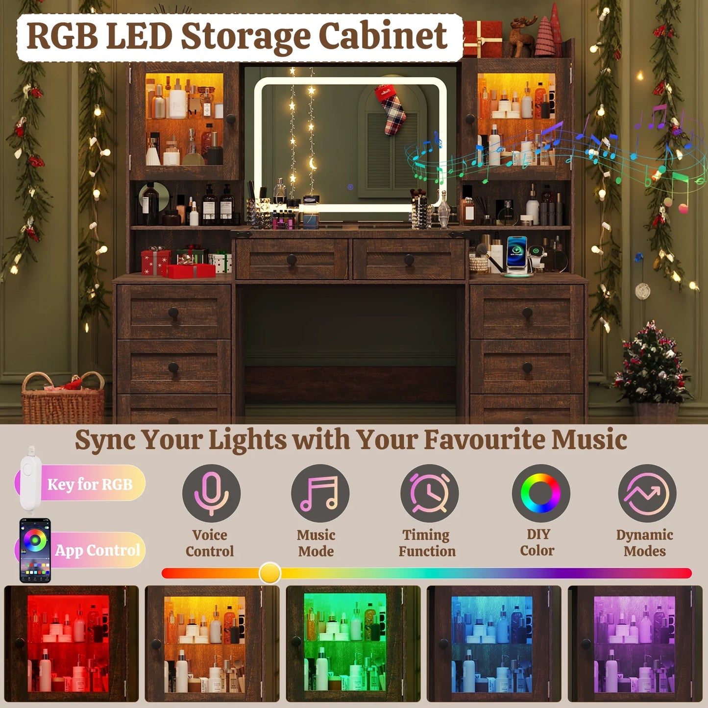 ANPOO 60" Farmhouse Vanity Desk with Outlet, Mirror Lights, Tempered Glass Top, Big Makeup Vanity Table with 2 RGB Glass Cabinets, 60000-color LED Lights, Wood Makeup Desk for Women, Girls, Brown