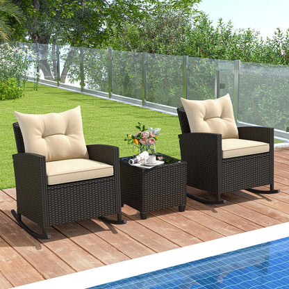 Costway 3 PCS Patio Wicker Rocking Set with Tempered Glass Table & Soft Cushions Outdoor Beige