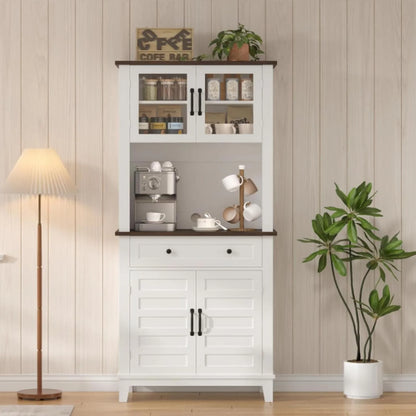 72" White Farmhouse Coffee Bar Cabinet with Storage Drawers & Glass Doors - Kitchen Storage Buffet for Dining Room, Beverage Organizer