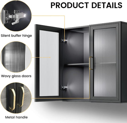 Wall Storage Cabinets - Led Upper Kitchen Laundry Wall Mounted Cabinets with Acrylic Glass 3 Doors and Shelves, 36'Wide