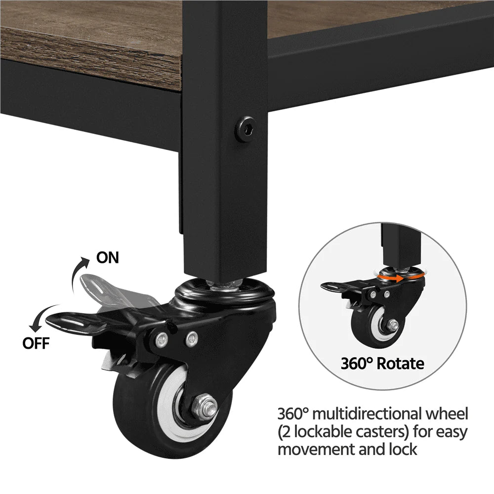 Topeakmart 3-Tier Rolling Kitchen Cart with Glass Holder and Power Outlets for Kitchen, Taupe Wood