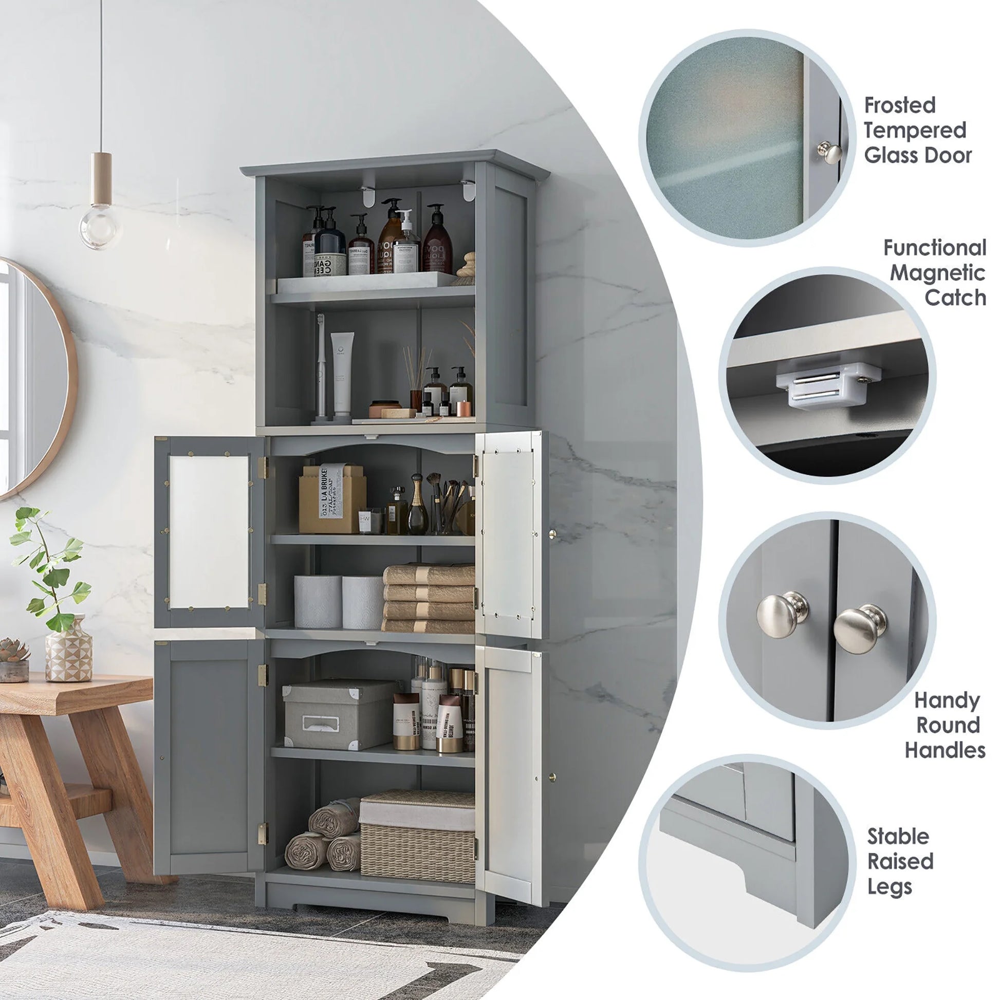 Gymax Bathroom Tall Storage Cabinet Linen Tower w/Glass Door & Adjustable Shelf Grey